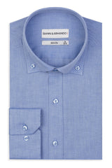 Slim Fit Button-down Original Business Hemd in Blau unifarben Gabardine-Stoff ist dicht gewebt.