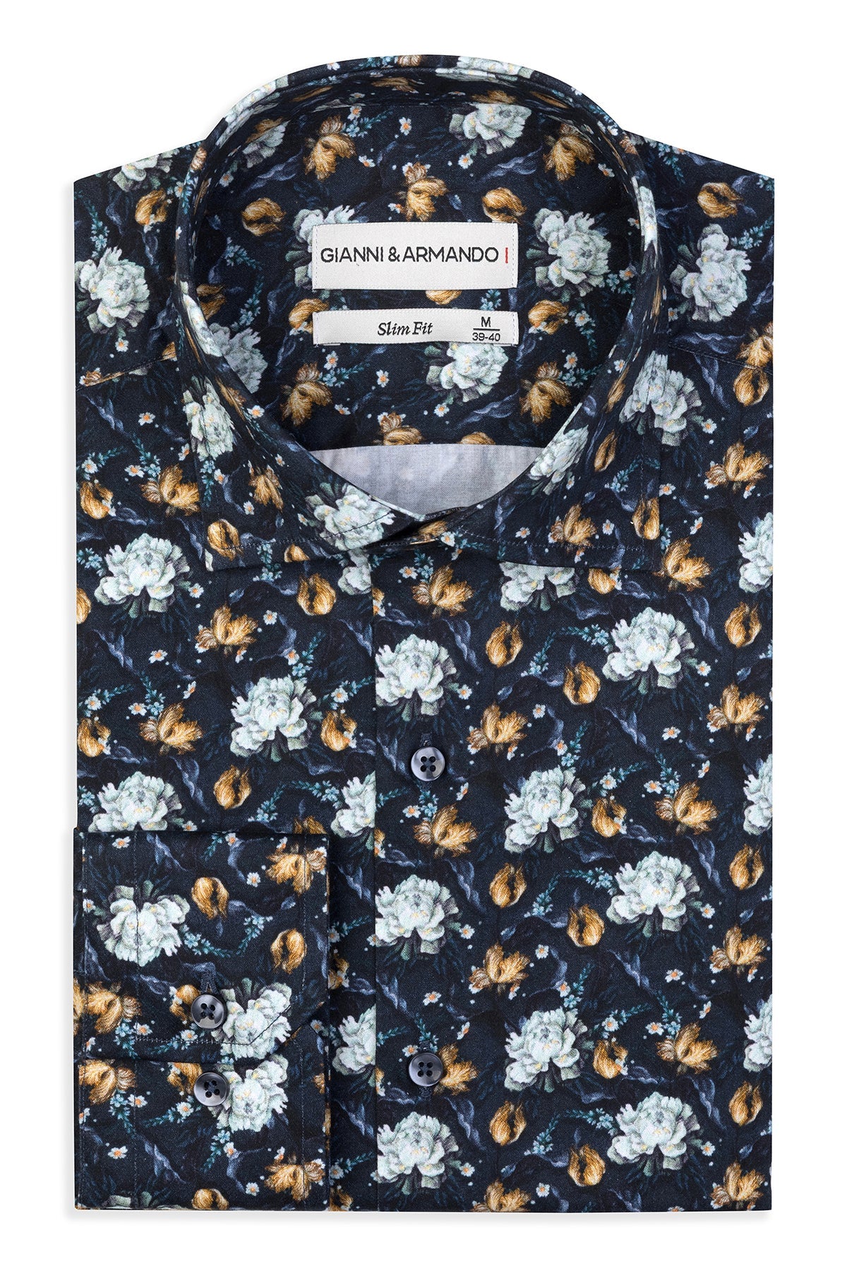 Slim Fit Hemd mit Blumenmuster im Detail, Vorderansicht, 100 % satinierte Baumwolle