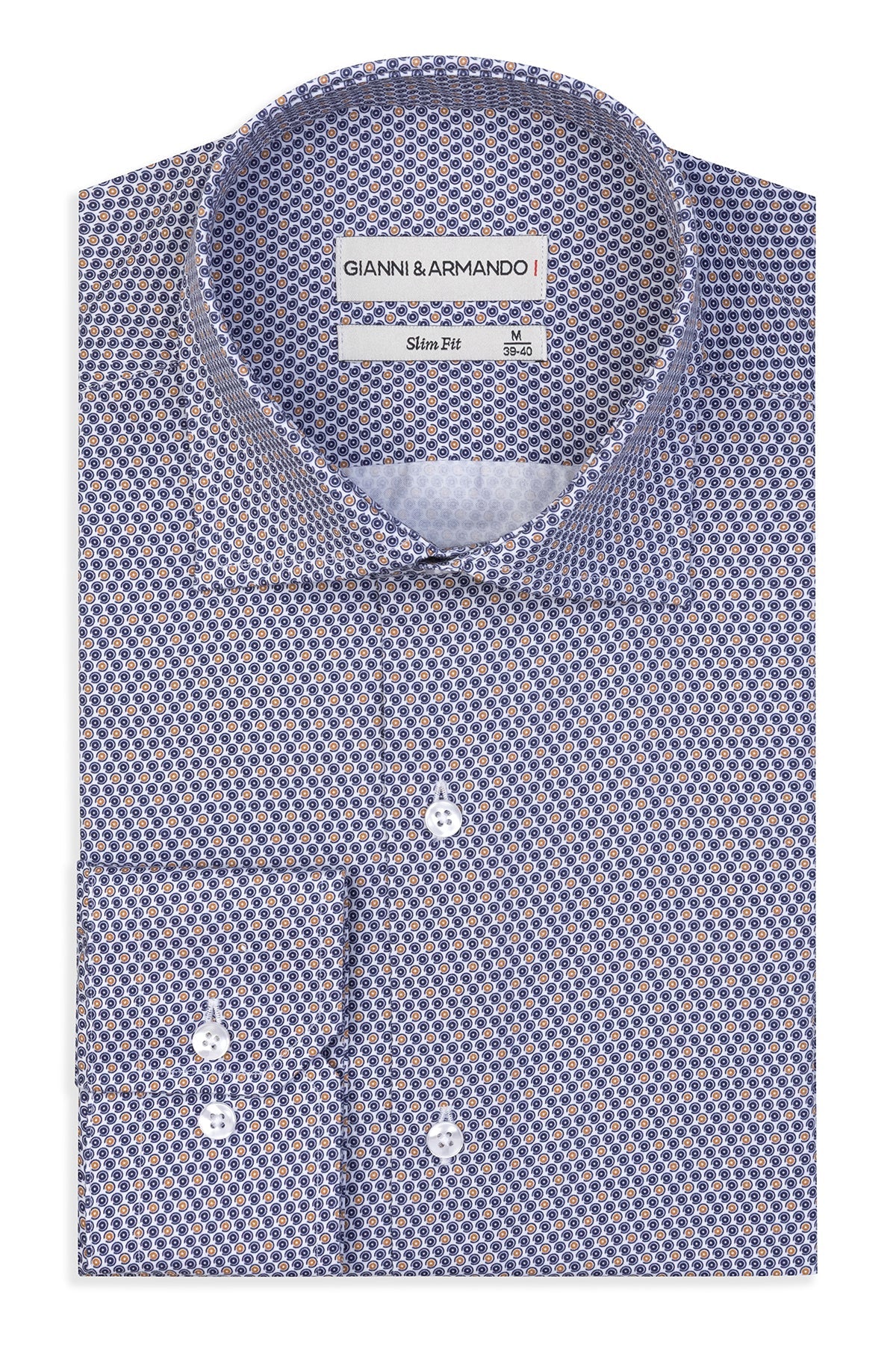Vorderansicht des Slim-Fit Hemdes mit lebendigem Blumenmuster in Multicolor, zeigt die feine satinierte Baumwolle.