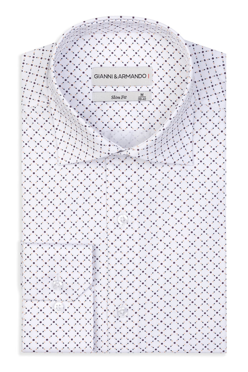 Slim Fit Hemd mit feinem Muster in Weiß-Braun, detail view of satin texture
