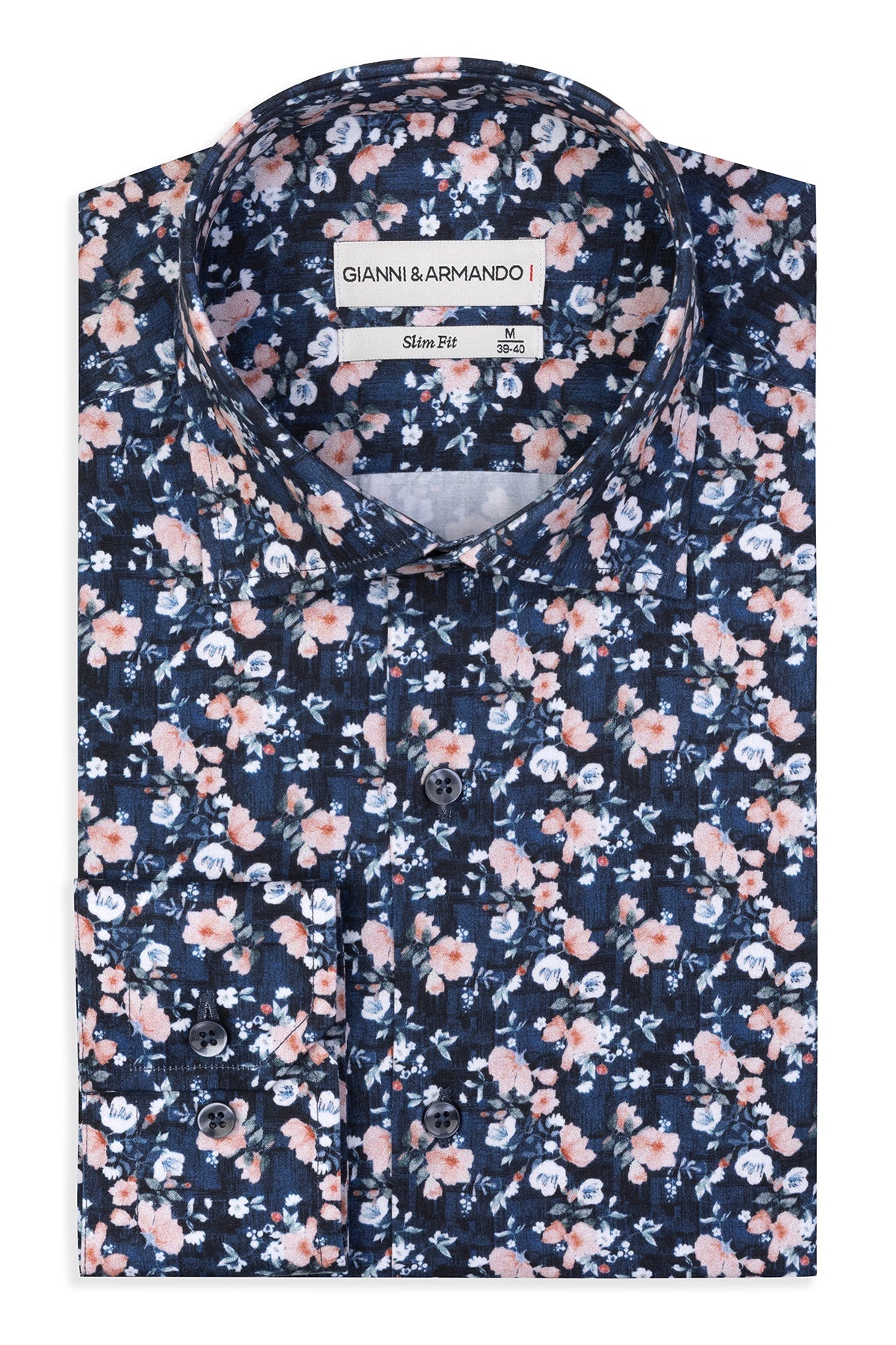 Chemise Slim-Fit à motif floral multicolore, gros plan sur le coton satiné.