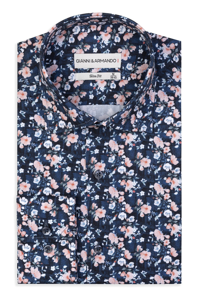 Slim-Fit Hemd mit Blumenmuster in Multicolor, Detailaufnahme der satinierten Baumwolle.