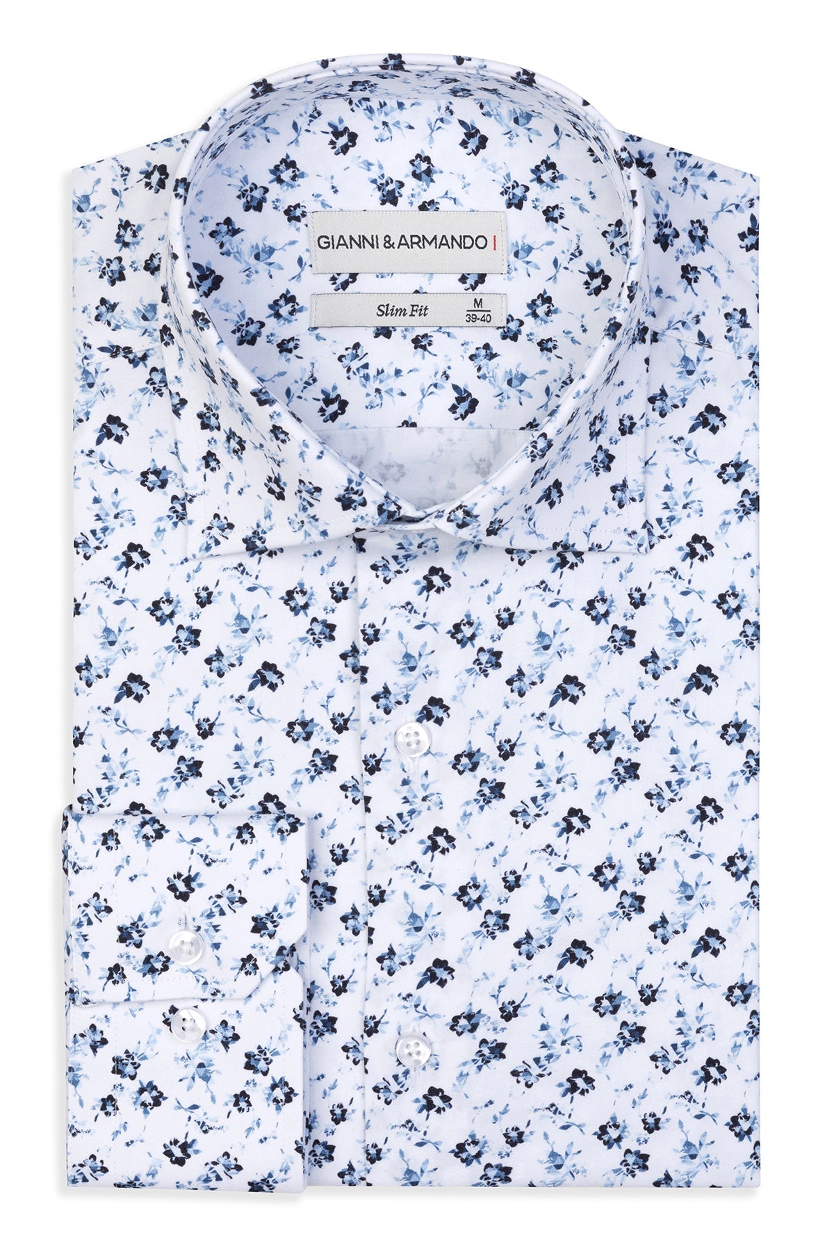 Slim-Fit Hemd mit Blumenmuster in Weiß-Blau, frontal ausgestellt