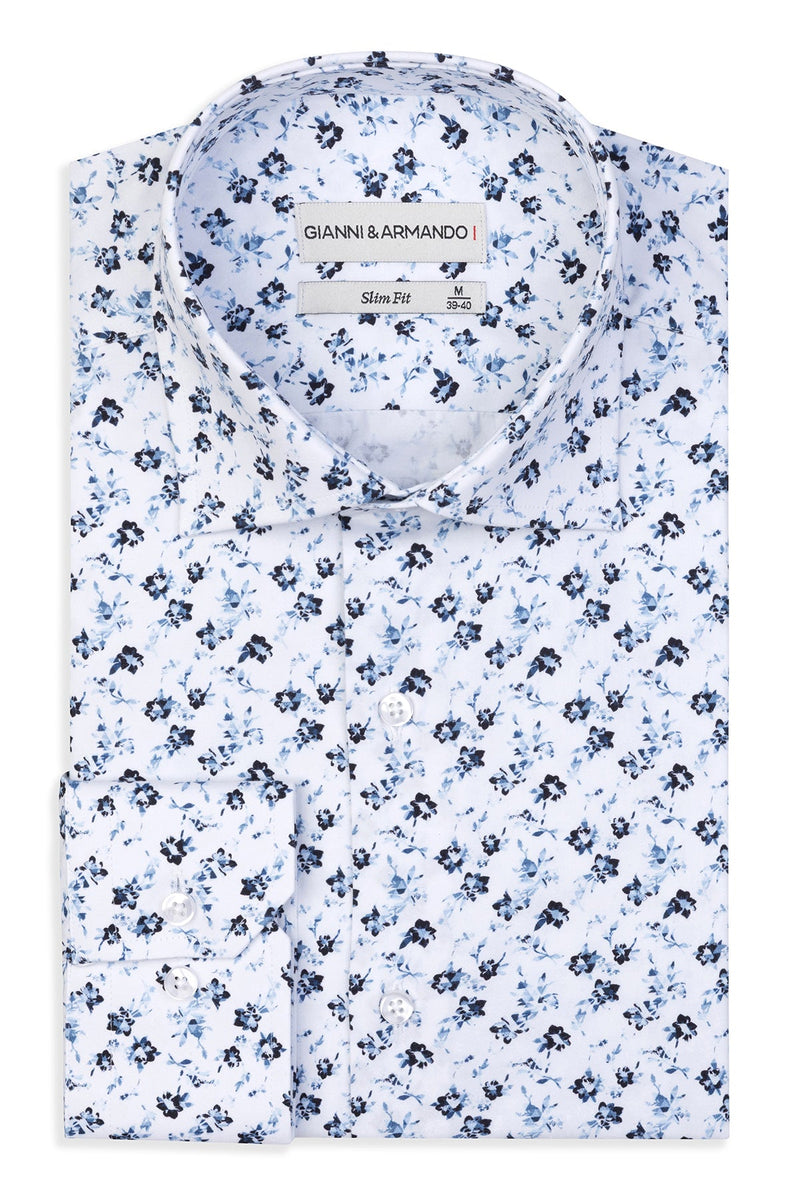 Slim-Fit Hemd mit Blumenmuster in Weiß-Blau, frontal ausgestellt