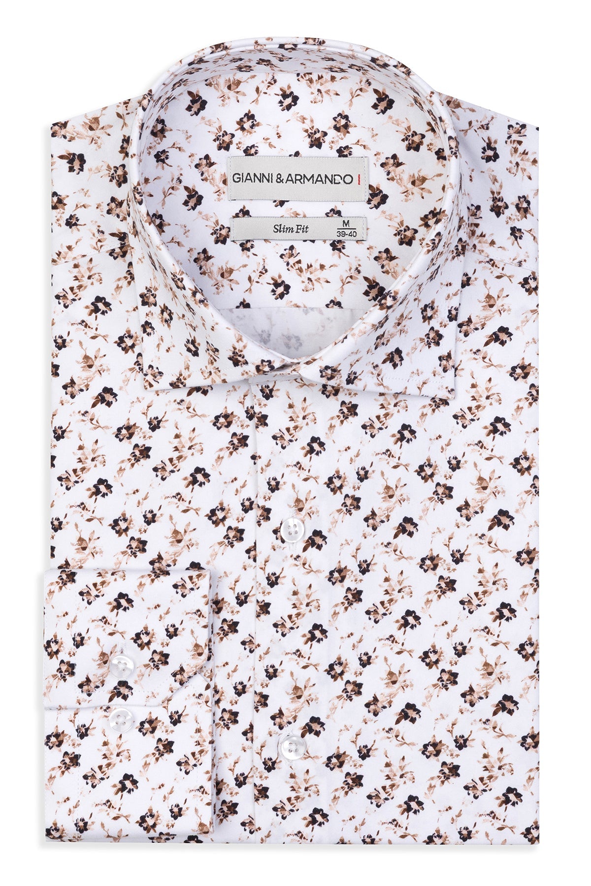Vue de face de la chemise slim fit au motif floral blanc-marron, en coton satiné.