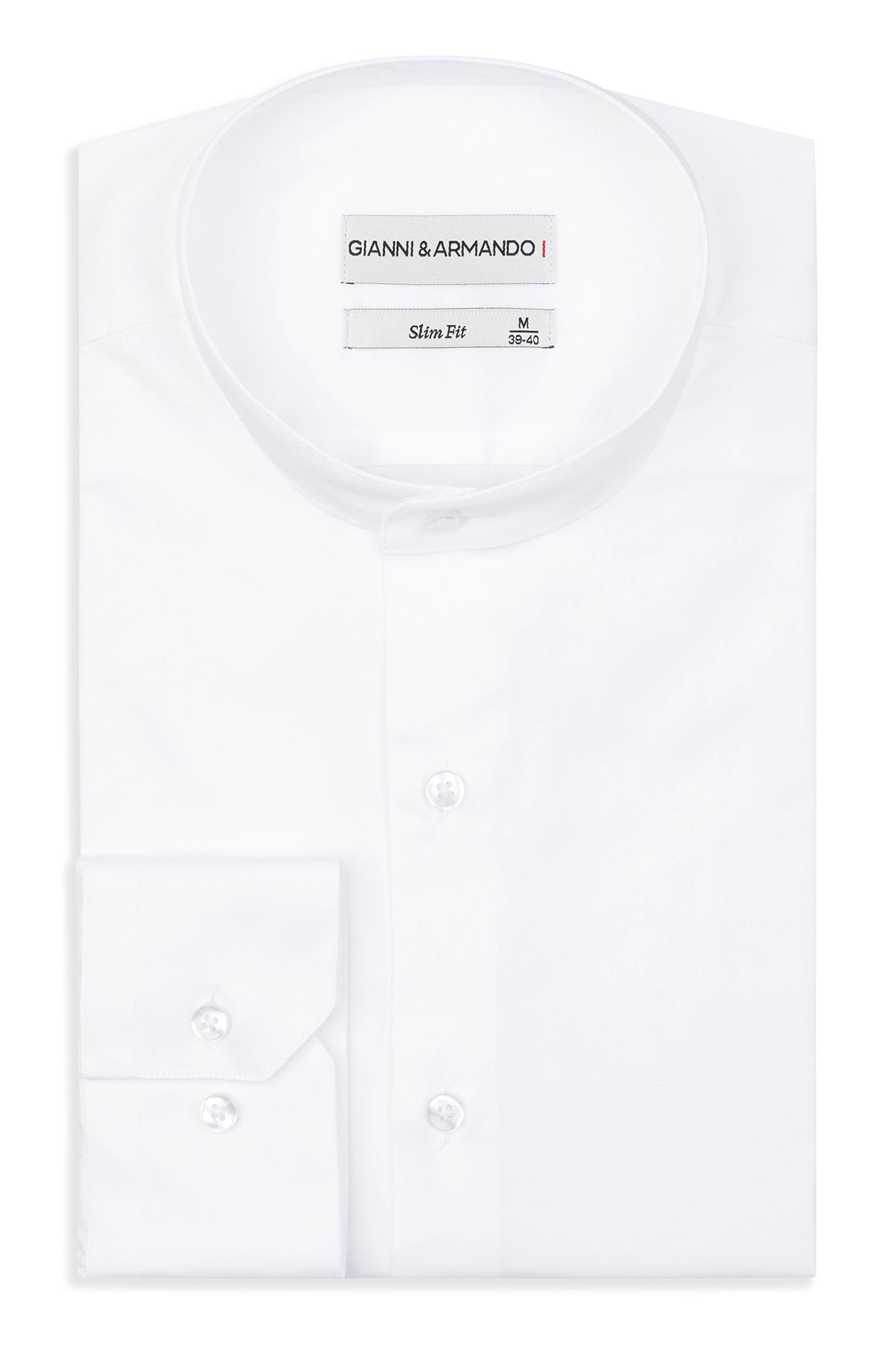 Vollständiges Frontbild des weißen Slim‑Fit Herrenhemds mit Stehkragen aus satinierter Baumwolle.
