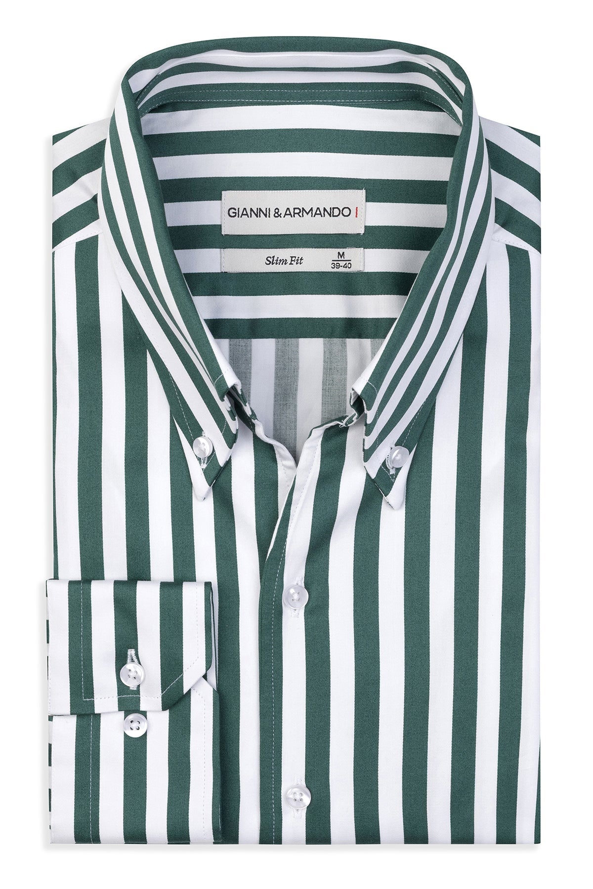 Herrenhemd Slim‑Fit in Weiß‑Grün, Button‑Down‑Kragen, Detailaufnahme des Kragens