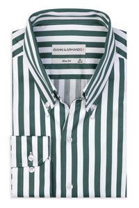 High Button Down Slim-Fit Weiss-Grün 100 % Satinierte Baumwolle