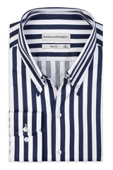 High Button Down Slim-Fit Weis-Navy-Blue 100 % Satinierte Baumwolle