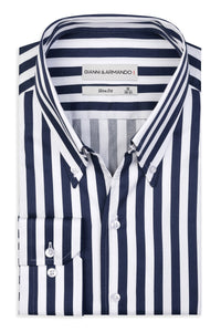High Button Down Slim-Fit Weis-Navy-Blue 100 % Satinierte Baumwolle