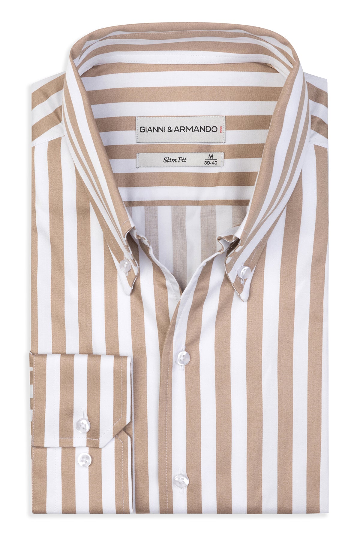 Vorderansicht des Slim‑Fit‑Hemdes mit hohem Button‑Down‑Kragen in Weiß‑Hellbraun