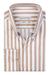 High Button Down  Slim-Fit Weis-Hellbraun 100 % Satinierte Baumwolle