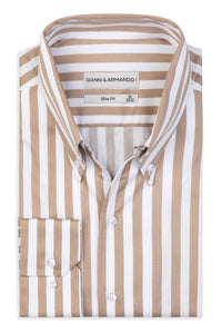 High Button Down  Slim-Fit Weis-Hellbraun 100 % Satinierte Baumwolle