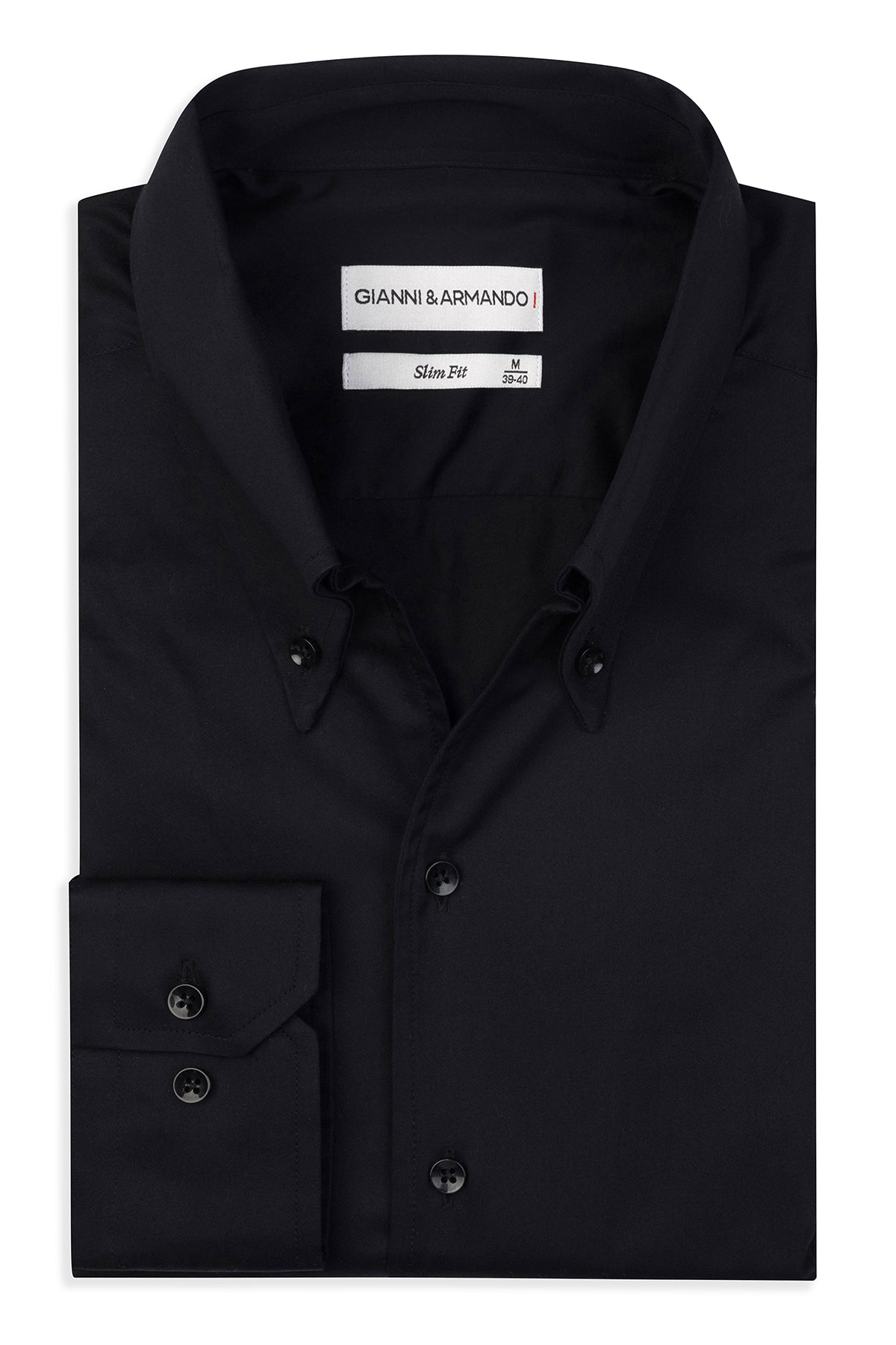 Slim‑Fit‑Hemd in Schwarz mit hohem Kragen, Button‑Down‑Kragen, Detailansicht der satinierte Baumwolle.