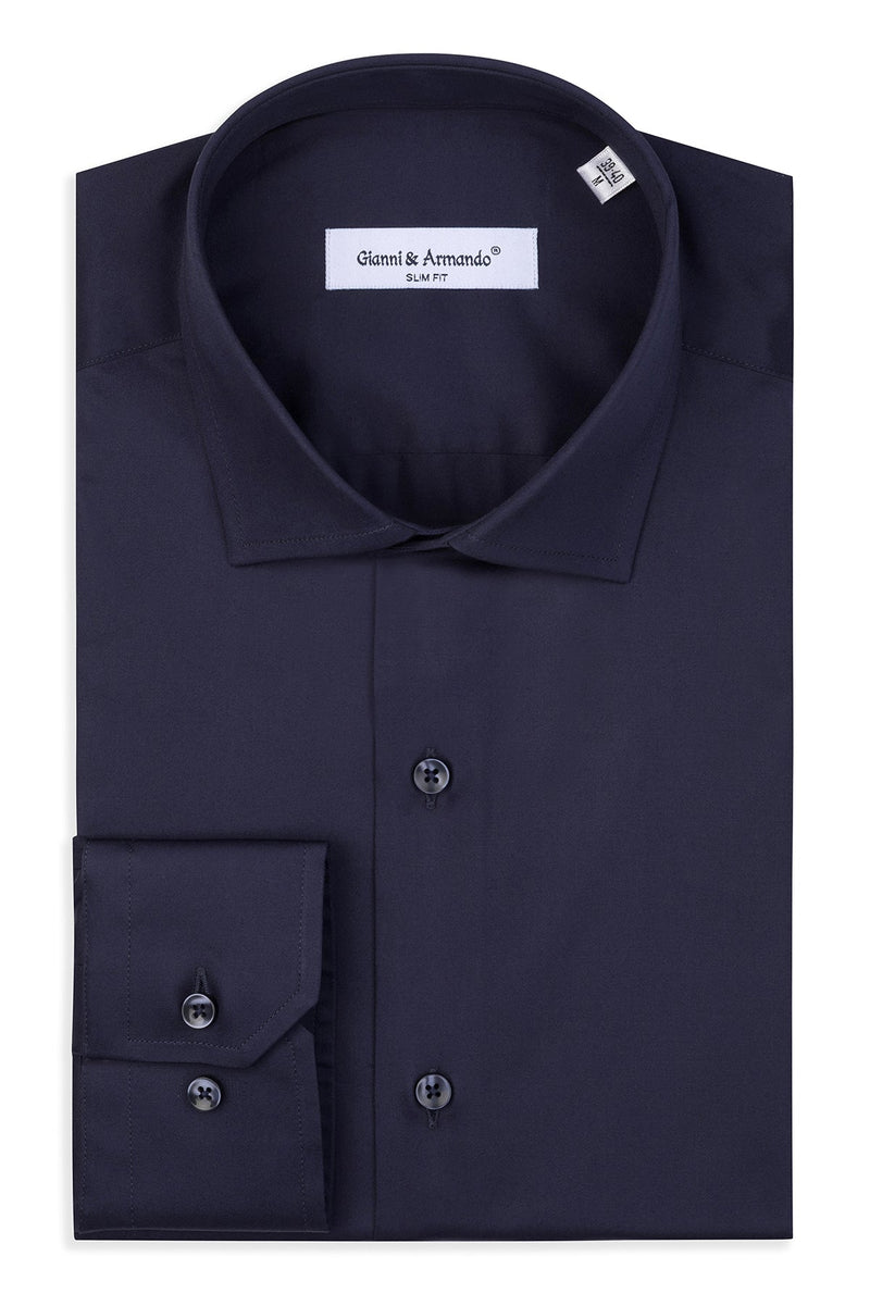Slim Fit Business-Hemd in Navy Blau, Vorderansicht mit Kent-Kragen und Knopfverschluss