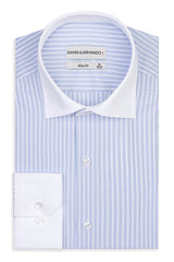 Slim- Fit Business in Hellblau-Weiss gestreifte  100 % Satinierte Baumwolle.