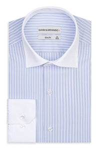 Slim- Fit Business in Hellblau-Weiss gestreifte  100 % Satinierte Baumwolle.