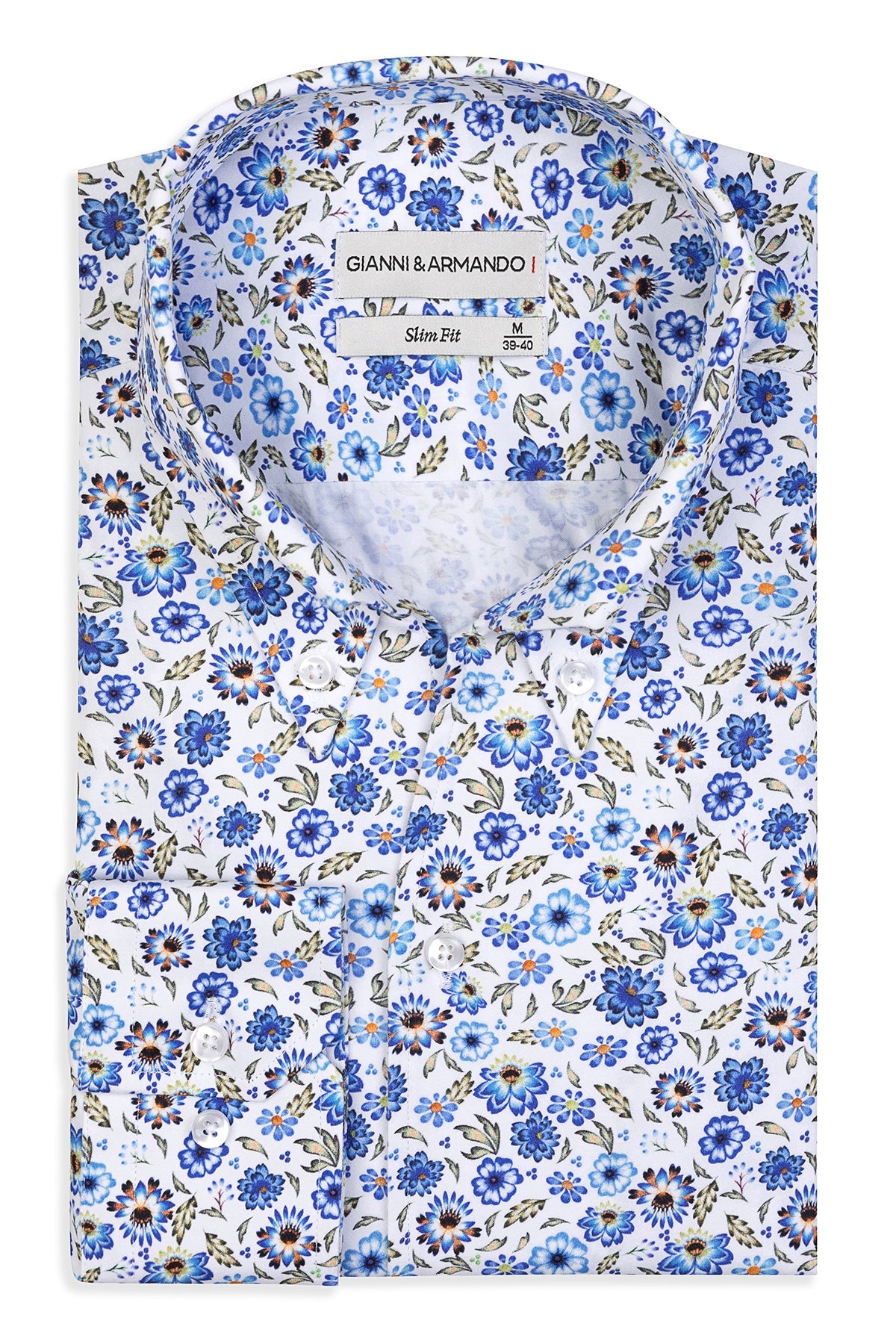 Front view of the slim-fit Herrenhemd with floral pattern, button-down style, 100 % satinierte Baumwolle.