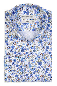 High Button Down Slim-Fit Blumenmuster 100 % Satinierte Baumwolle