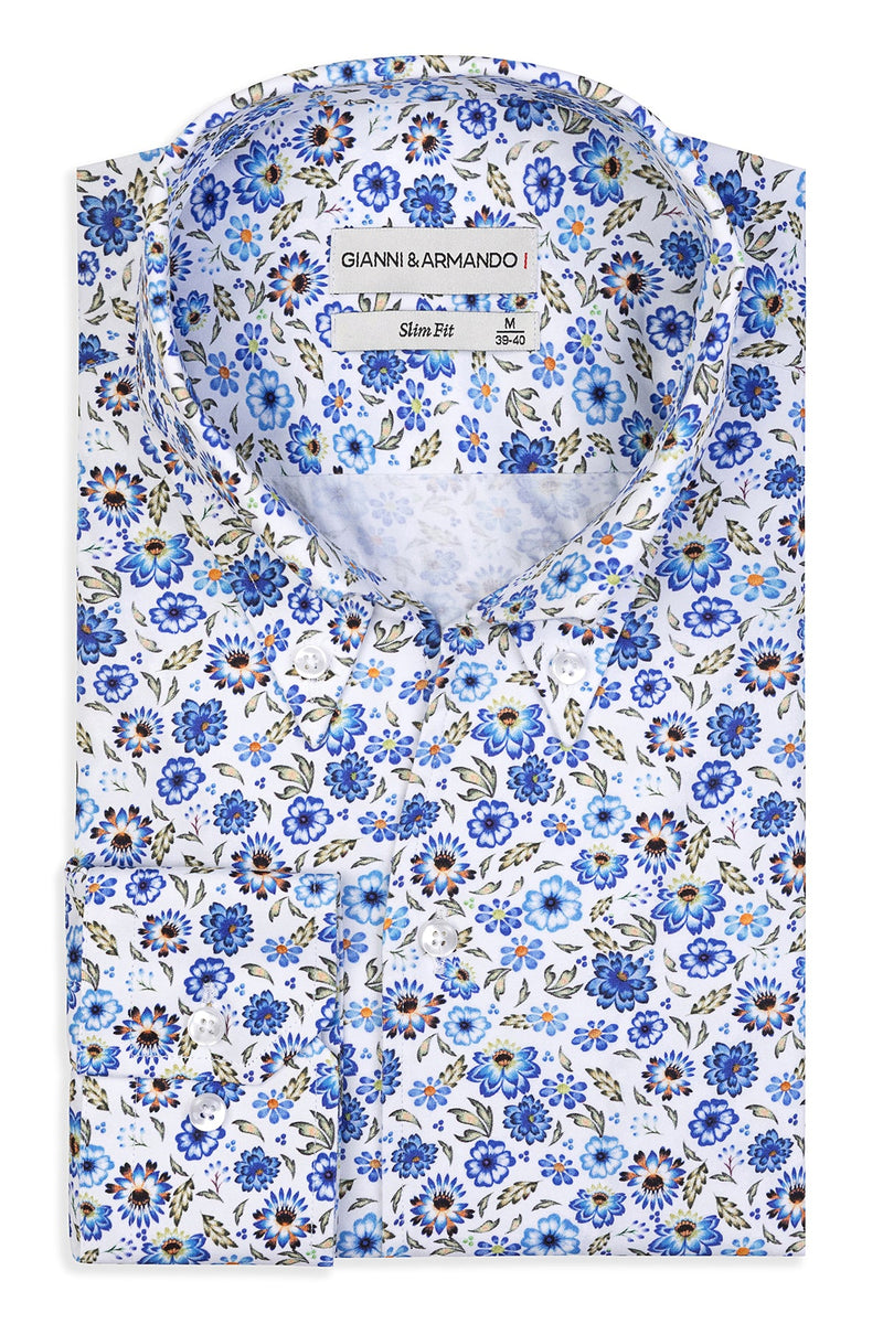 Front view of the slim-fit Herrenhemd with floral pattern, button-down style, 100 % satinierte Baumwolle.