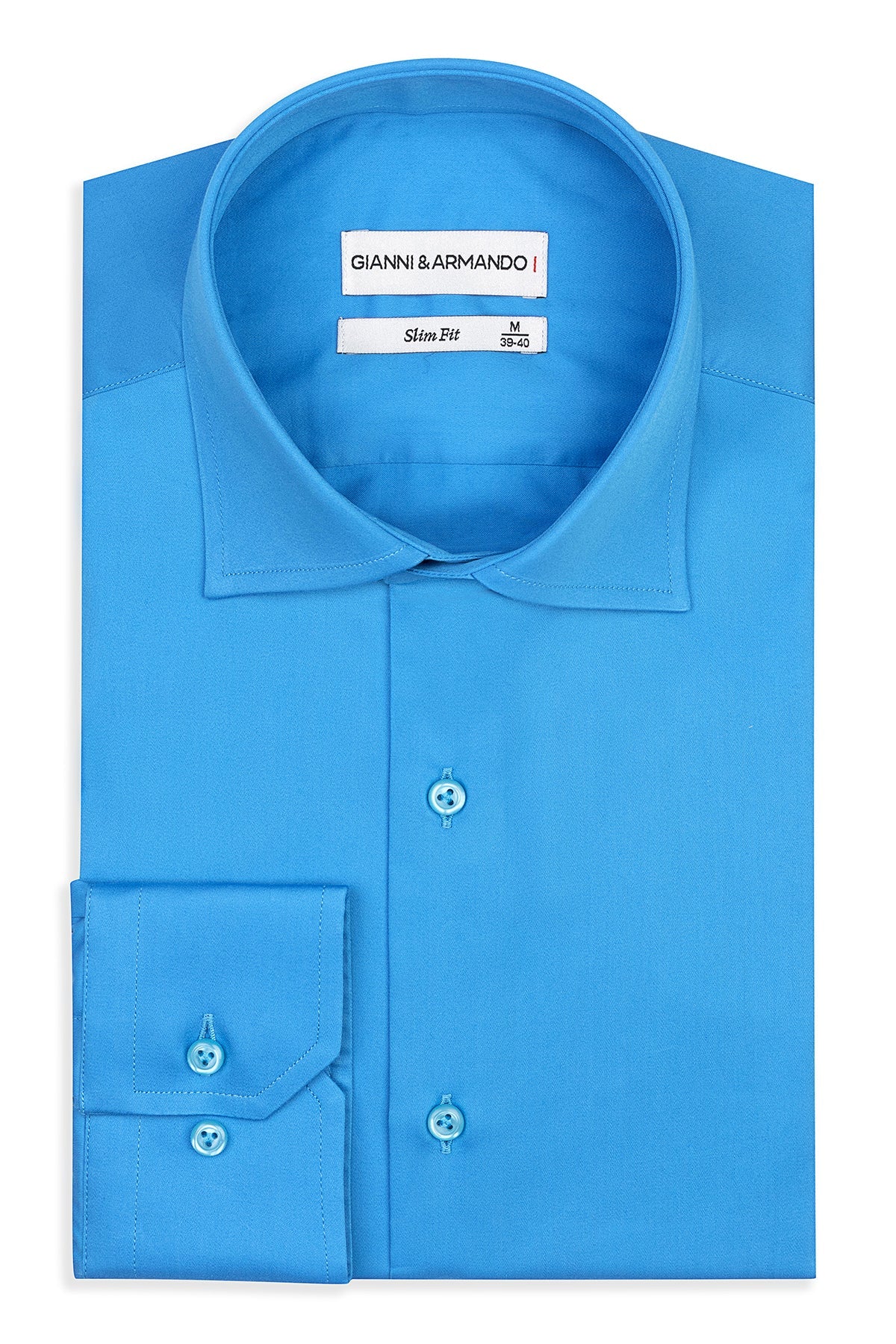 Vorderansicht des Slim Fit Business-Hemdes in Türkisch Blau, 100 % satinierte Baumwolle