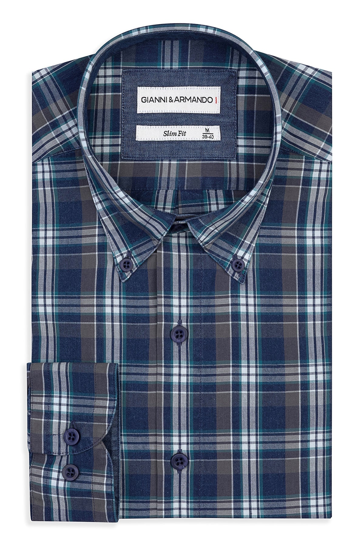 Slim Fit Button-Down Karohemden im klassischen Frontansicht mit Kent-Kragen