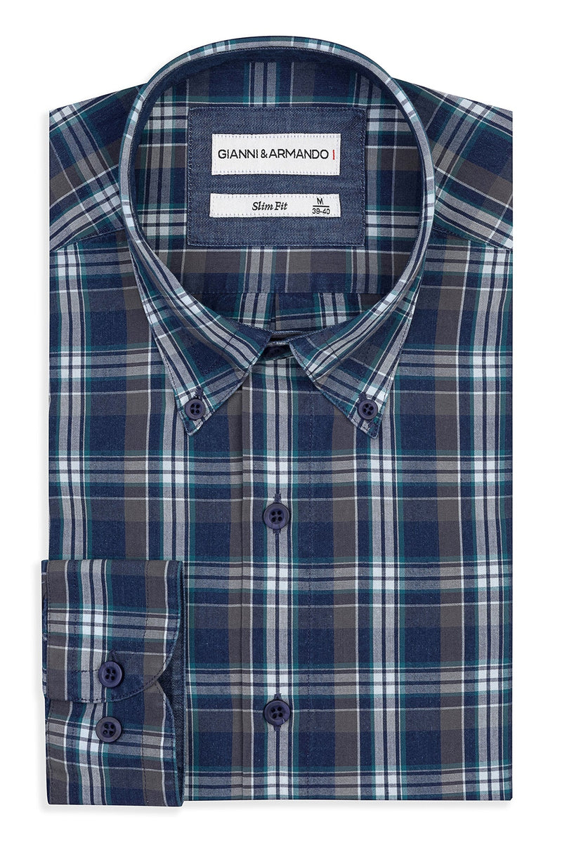 Slim Fit Button-Down Karohemden im klassischen Frontansicht mit Kent-Kragen