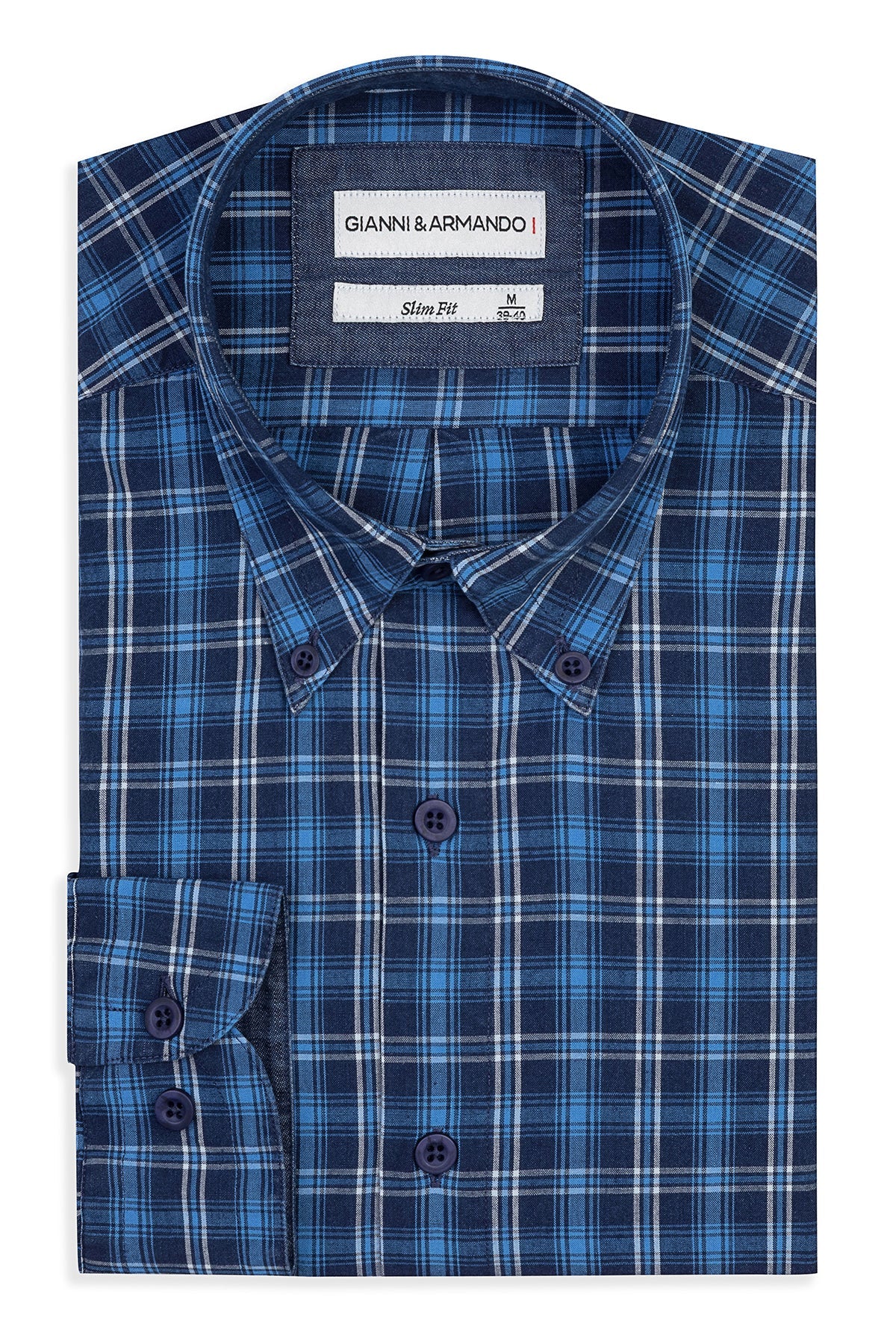 Slim Fit Karohemden in Blau-Schwarz-Weiß, Vorderansicht mit Kent-Kragen und Knopfverschluss