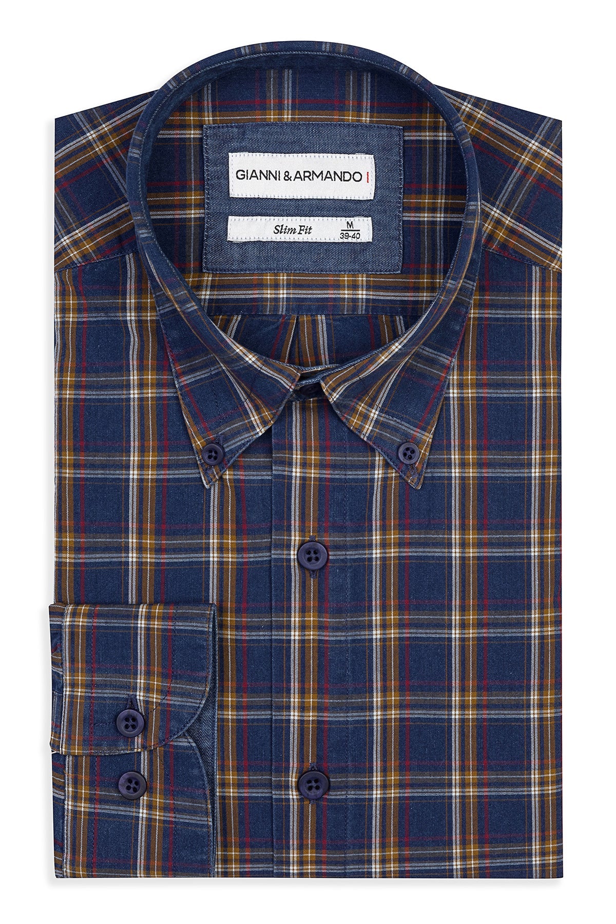 Slim Fit Karohemden aus 100 % Baumwolle – Vorderansicht mit Kent-Kragen und Knopfverschluss