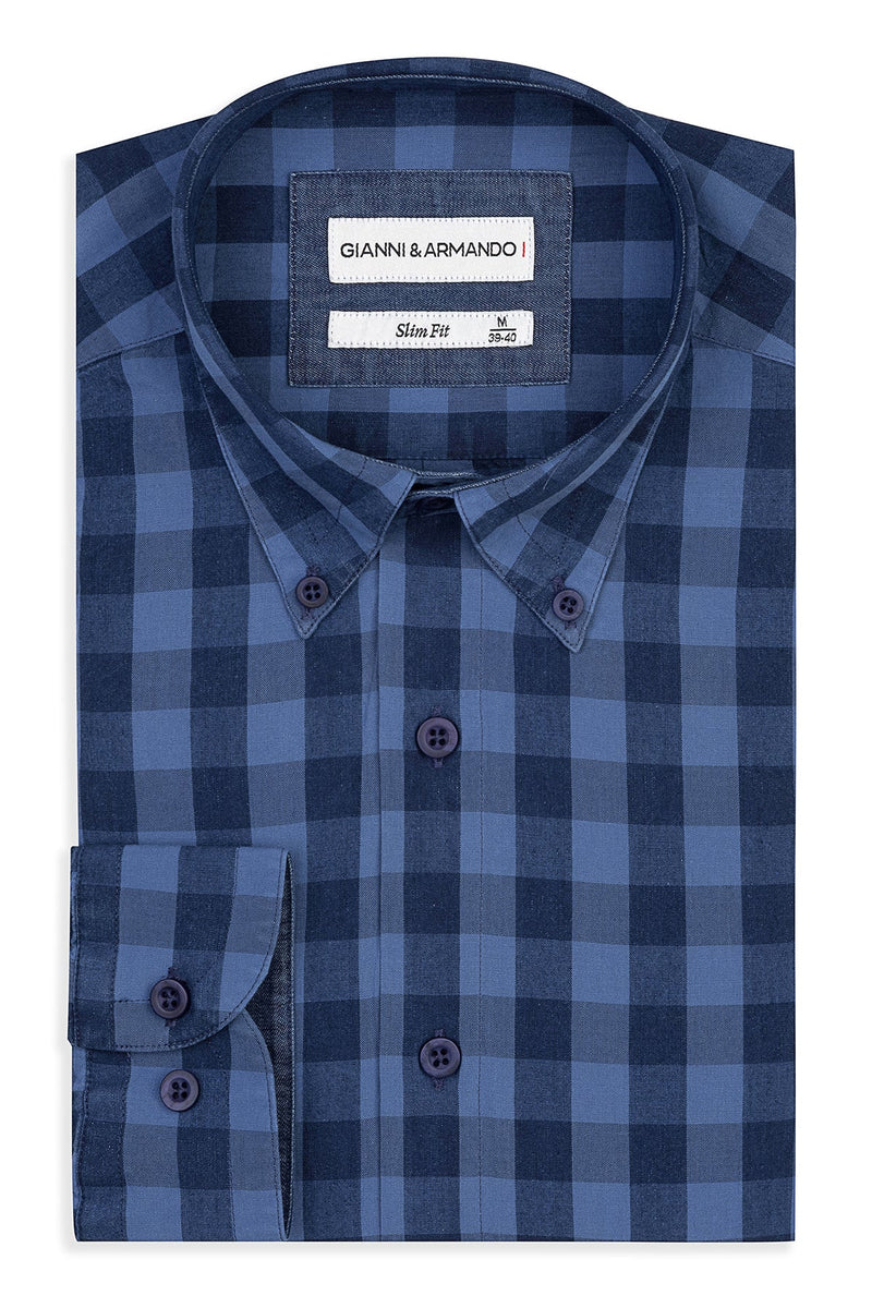 Slim Fit Button-Down Karohemden in 100 % Baumwolle, Vorderansicht mit Kent-Kragen