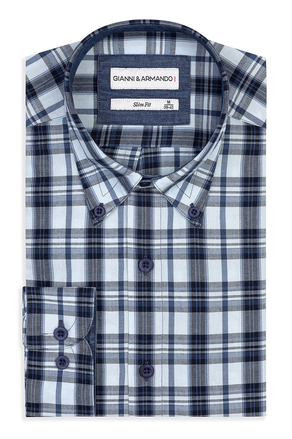 Slim Fit Karohemden aus 100 % Baumwolle – Vorderansicht mit Kent-Kragen und feiner Nähstruktur.