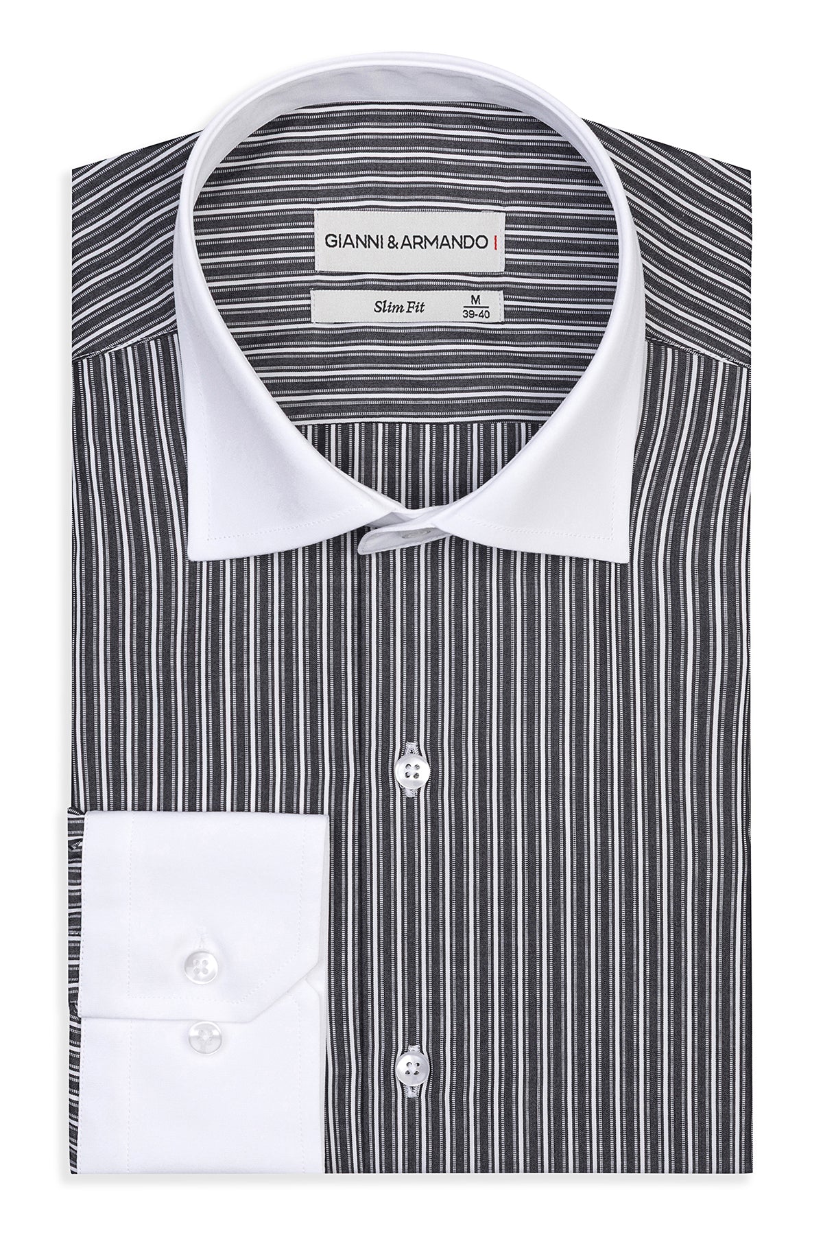 Chemise Slim Fit à rayures noir et blanc, col italien blanc, présentée sur fond blanc