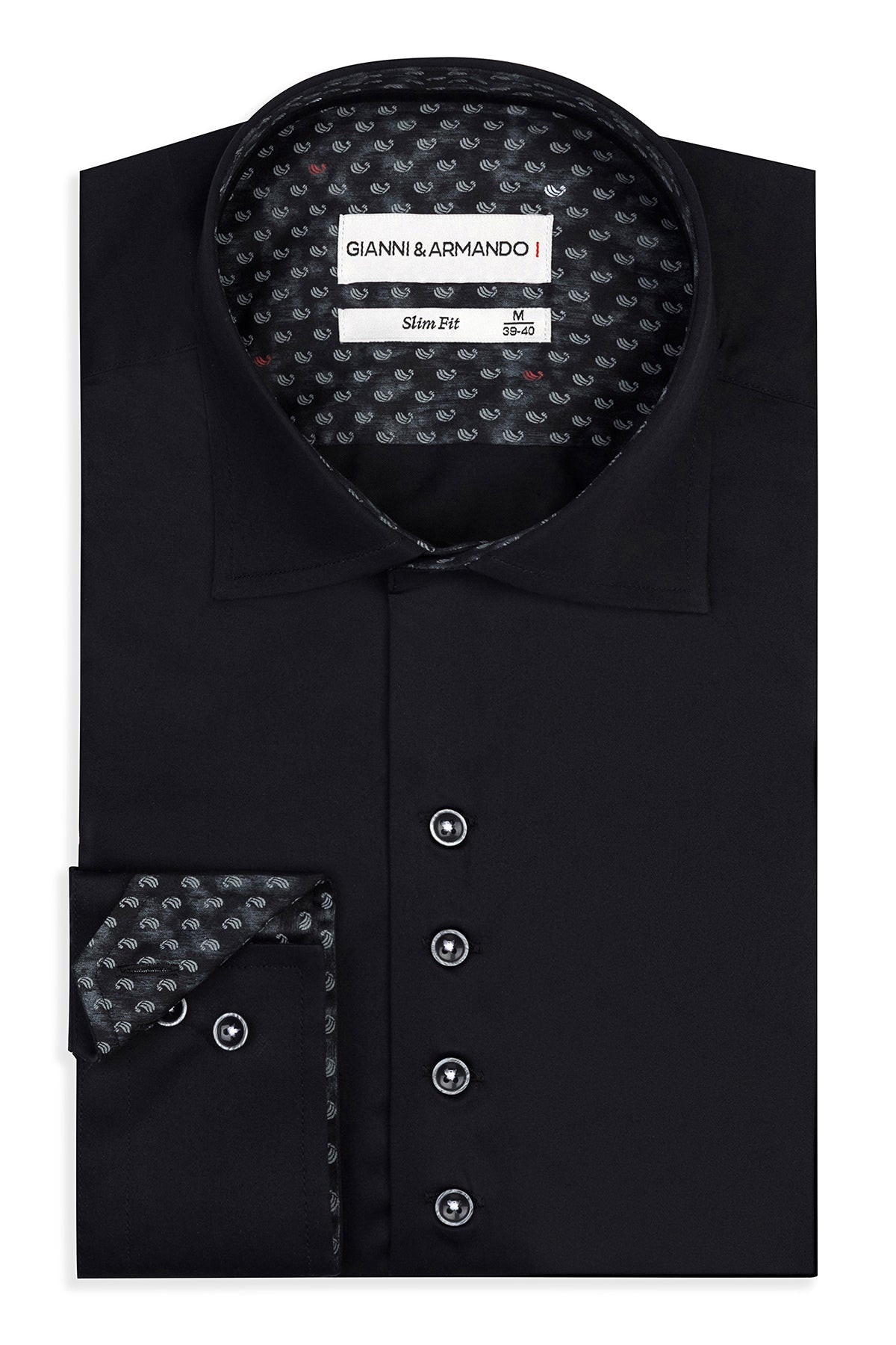 Chemise décontractée Slim Fit Original en noir en 100 % coton satiné – vue de face avec col Kent.