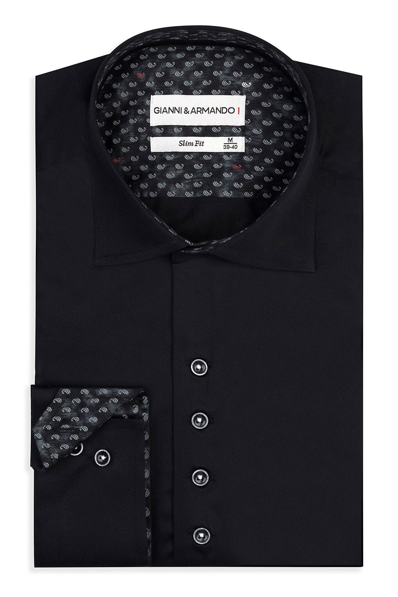 Slim Fit Original Freizeithemd in Schwarz aus 100 % satinierter Baumwolle – Vorderansicht mit Kent-Kragen.