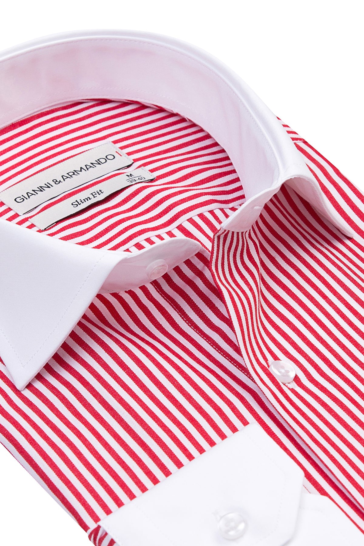 Vue de côté de la chemise business Slim Fit avec poignets mousquetaire et fines rayures rouges