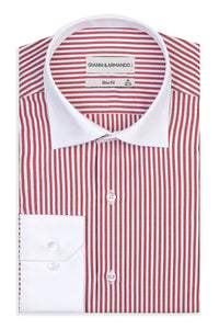 Slim-Fit Business Hemd mit Rot Streifen, kontrastierendem weissen Kragen und Manschetten.