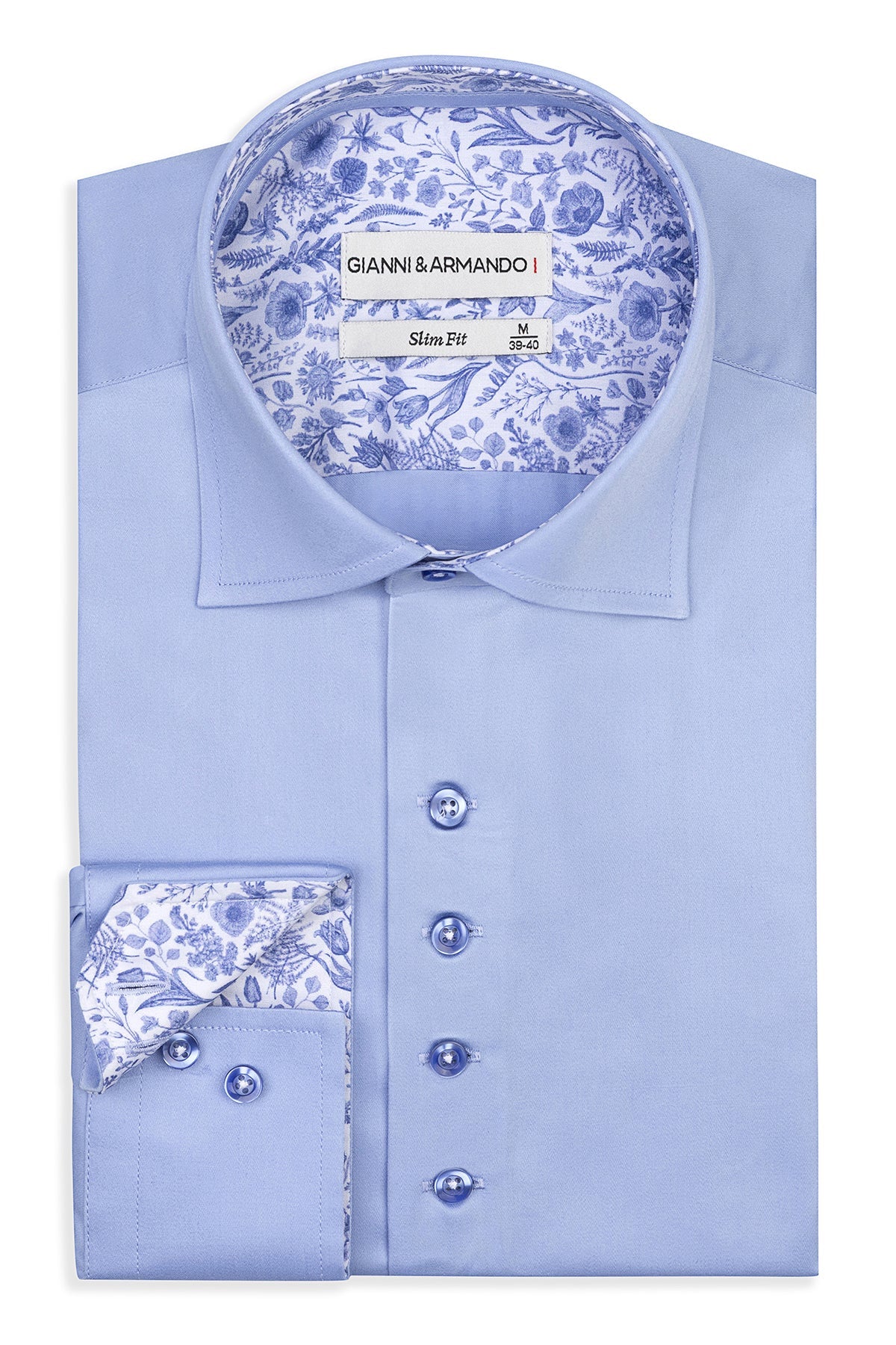 Slim Fit Hemd in hellblau, Vorderansicht mit floralen Mustern auf satinierter Baumwolle