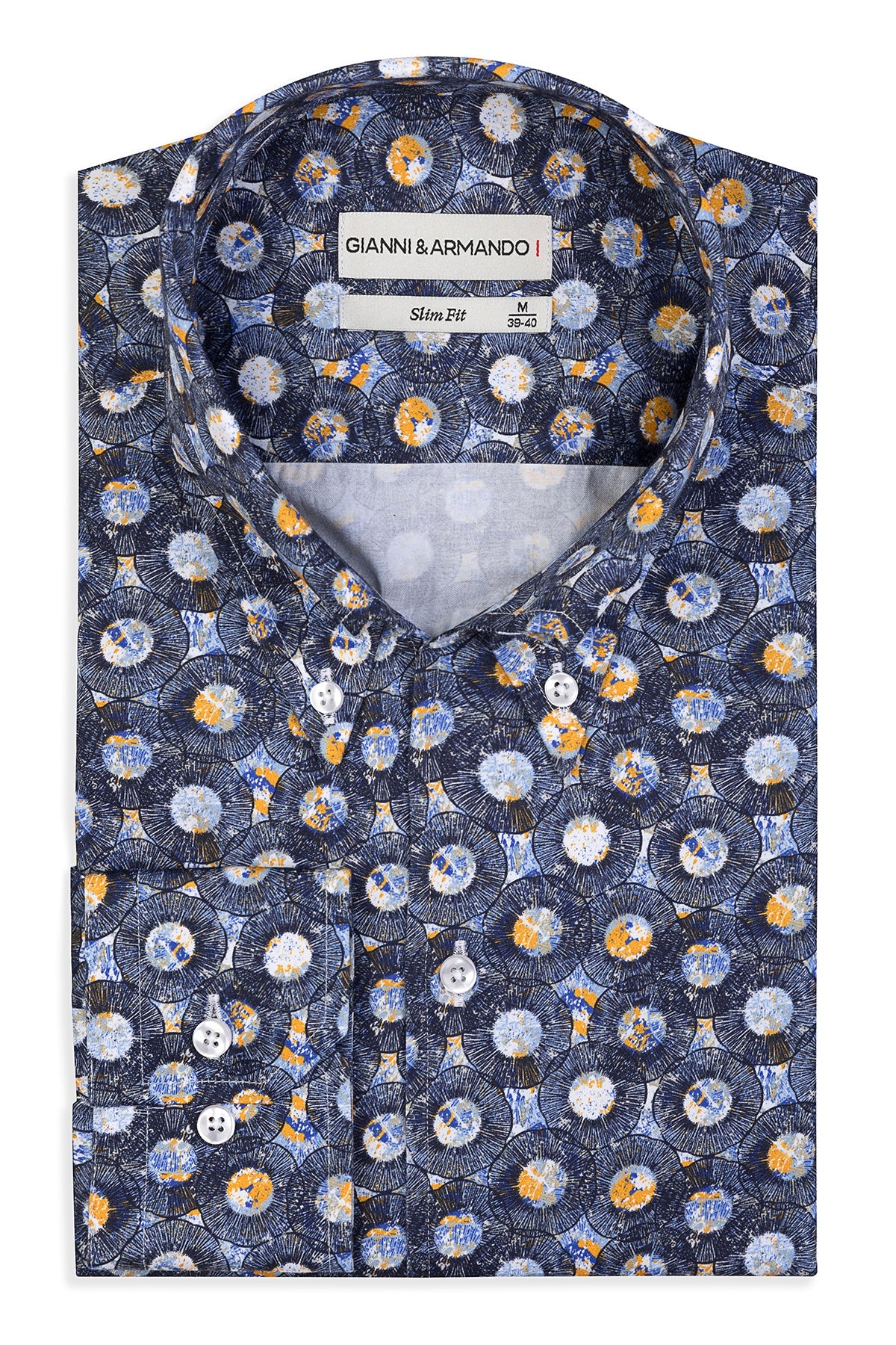 Frontansicht des Slim-Fit-Button-Down-Hemdes mit lebendigem Multicolor-Muster aus satinierter Baumwolle.