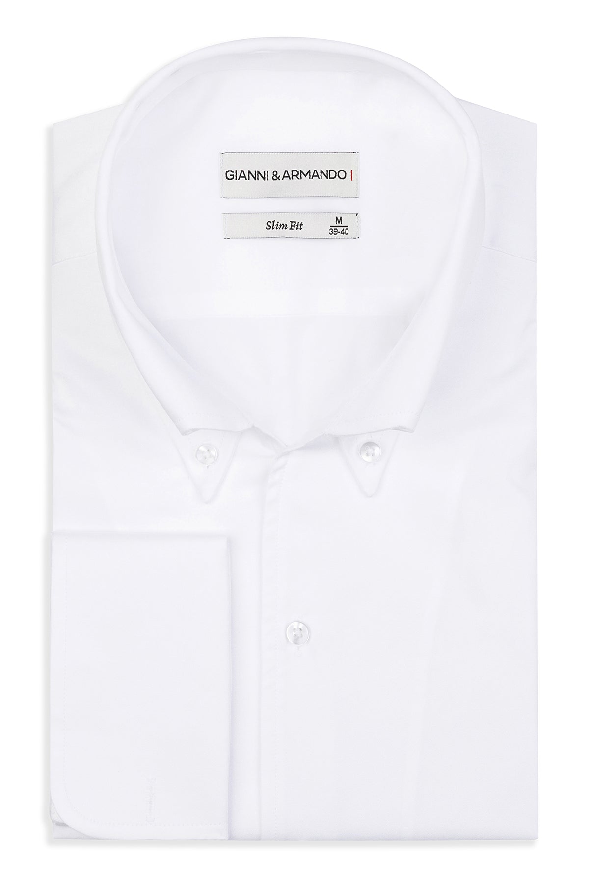 Frontansicht des Slim Fit Hemdes in Weiß mit hohem Button-Down-Kragen und Doppelmanchetten.