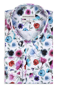 High Button Down Slim-Fit Bulumenmuster 100 % Satinierte Baumwolle