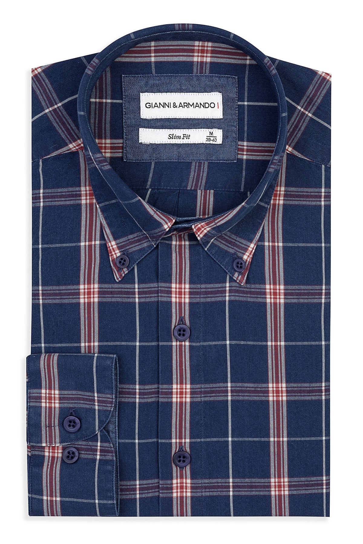 Slim Fit Button-Down Karohemd im Detail – Vorderansicht mit Kent-Kragen
