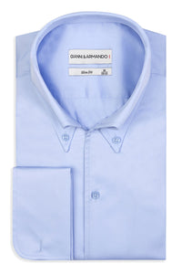 High Button Down Slim -Fit Doppelmanchetten Hemden Hellblau 100 % Satinierte Baumwolle