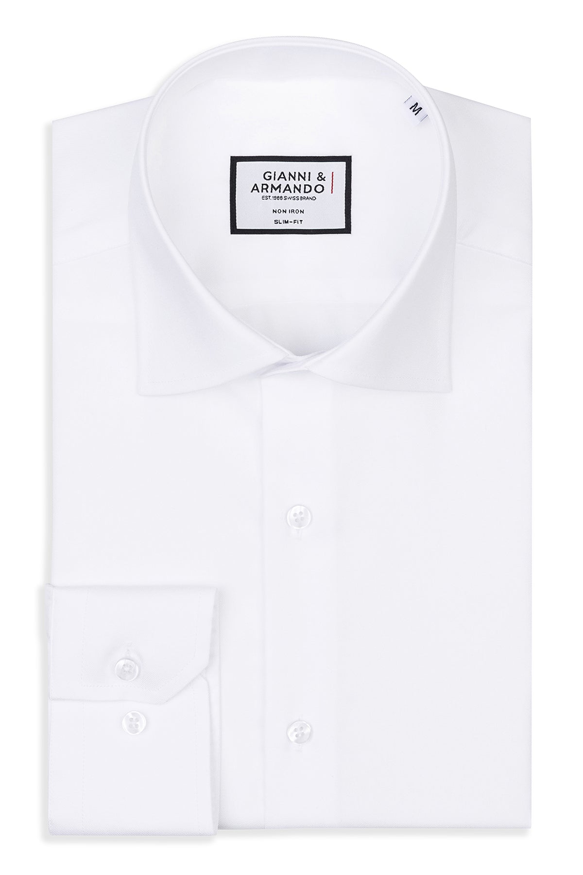 Chemise business Slim Fit en blanc – vue de face avec étiquette Non-Iron d'origine