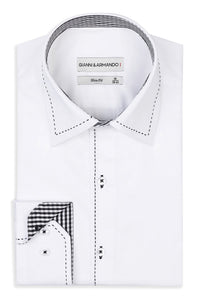 Hochkragen Slim Fit Herrenhemd aus Baumwoll-Satin mit Kontrastnähten & Doppelknopf Weiss