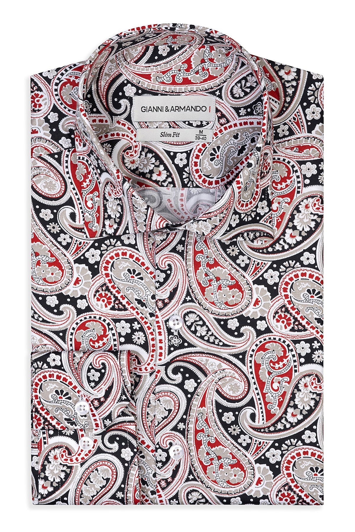 Vorderansicht des Herren-Slim-Fit-Hemd mit farbigem Paisley-Muster, aus satinierter Baumwolle.