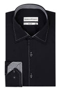 Hochkragen Slim Fit Herrenhemd aus Baumwoll-Satin mit Kontrastnähten & Doppelknopf Schwarz