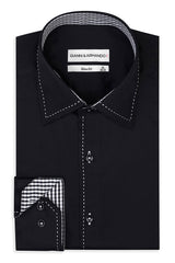 Hochkragen Slim Fit Herrenhemd aus Baumwoll-Satin mit Kontrastnähten & Doppelknopf Schwarz
