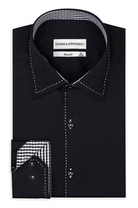 Hochkragen Slim Fit Herrenhemd aus Baumwoll-Satin mit Kontrastnähten & Doppelknopf Schwarz
