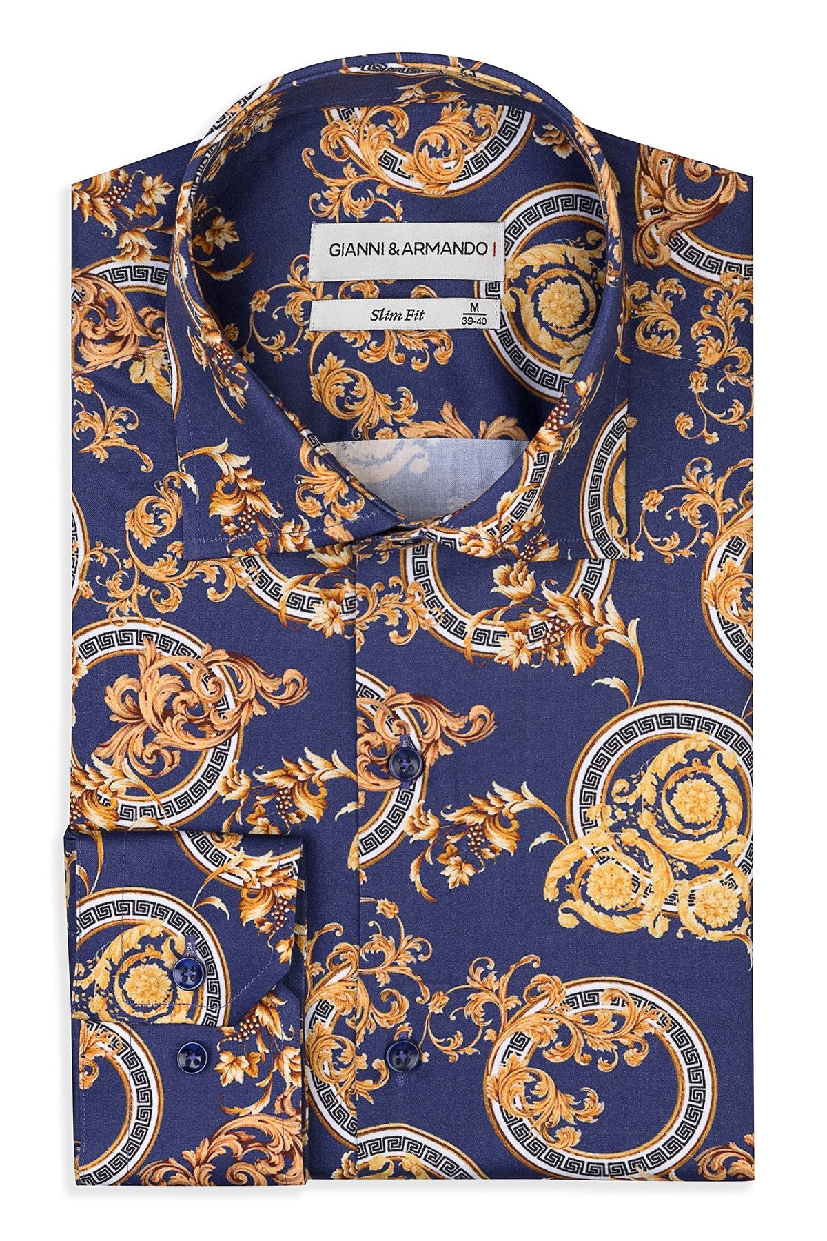 Vue de face de la chemise homme Slim Fit à motif ornemental bleu et or en satin de coton