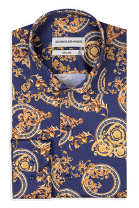 Gemustertes Slim Fit Herrenhemd aus Baumwollsatin – Blau Gold